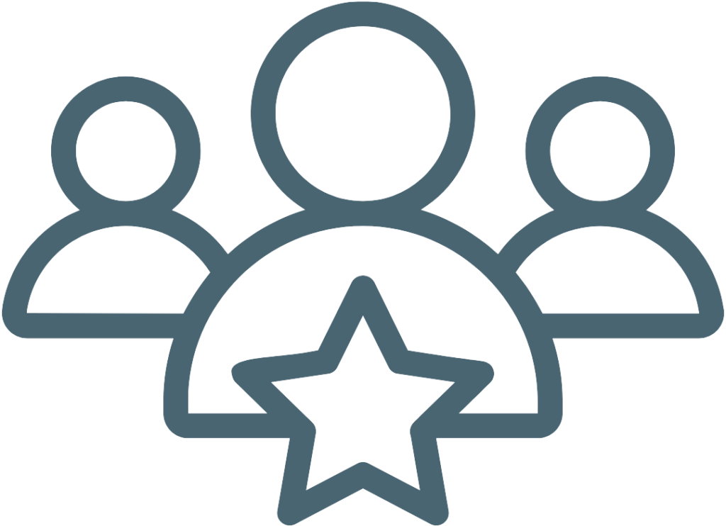Icono de tres personas con una estrella en el centro, simbolizando trabajo en equipo y excelencia.
